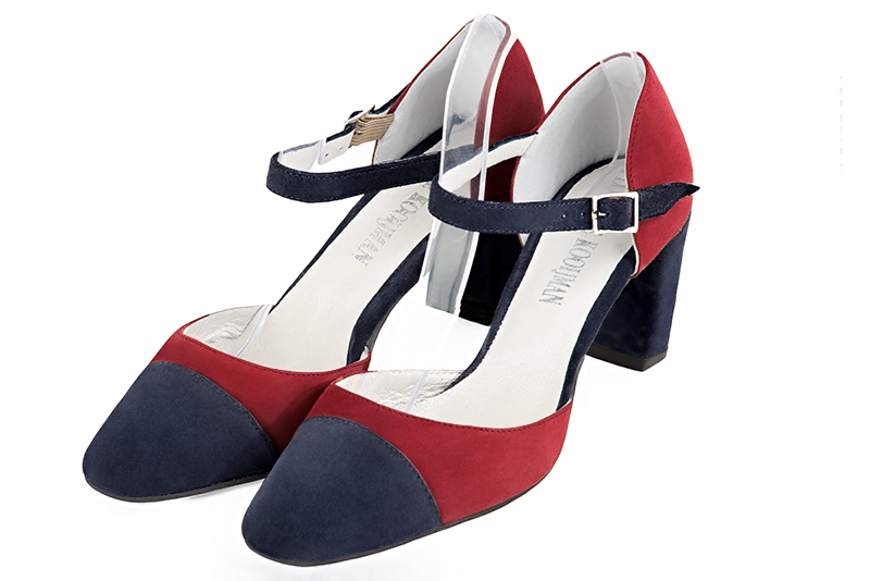 Navy blue and cardinal red women's open side shoes, with an instep strap. Round toe. Medium block heels. Front view - Florence KOOIJMAN